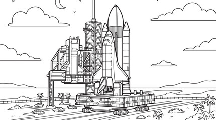 Detailed black and white outline coloring page featuring a large space shuttle on a launch pad with gantry structure also transparent background © PixelSaga MH2 
