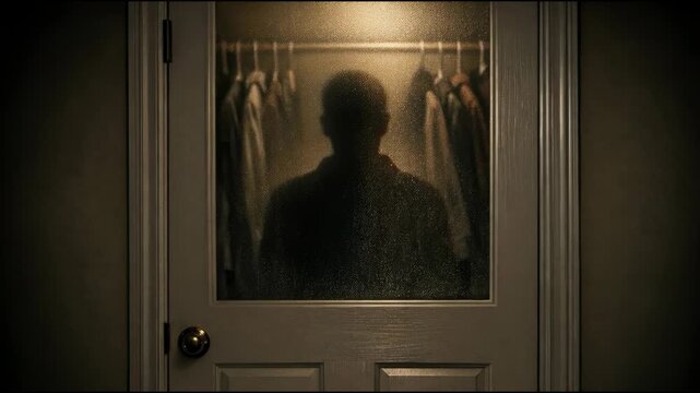 A person standing in front of a door, possibly waiting or thinking