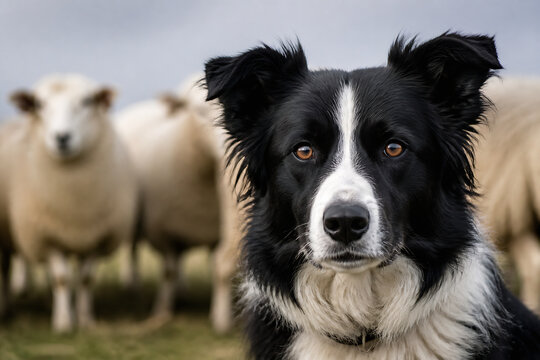 A black and white Border Collie dog is featured in the foreground with several sheep grazing in a field behind it.