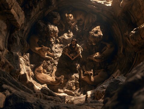 Biblical prophet daniel sitting peacefully among lions in a dark stone den