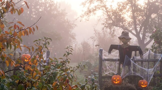 Mystical Autumn Garden with Scarecrow and Jack-o'-Lanterns in Fog