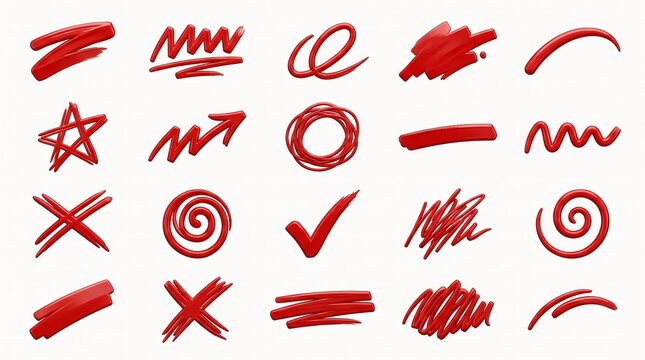 Red hand drawn doodles and marks like checkmarks and crosses for correction and emphasis isolated on white background