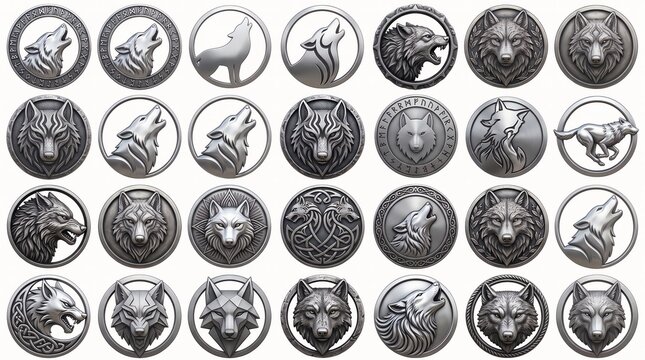 Silver wolf emblems and icons in a circular arrangement with detailed textures isolated on white background