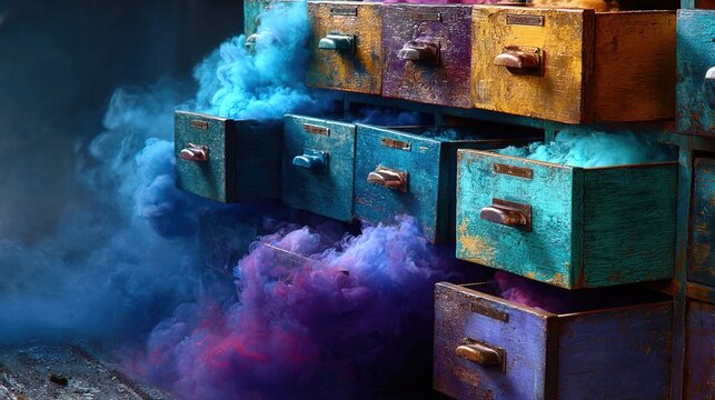 Colorful Vintage Drawers with Vibrant Smoke Effects.