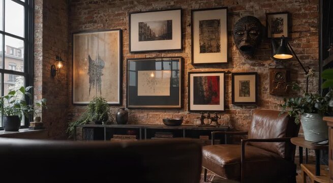 Cozy industrial living room with exposed brick gallery wall, eclectic framed art, leather armchair, wooden shelves, plants and warm ambient lighting