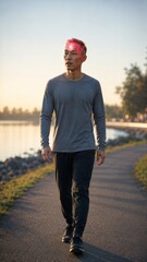 Obraz premium Asian man walking outdoors with glowing digital brain hologram in head. Mental health and mindfulness concept. Brain activity, neuroscience and cognitive function visualization for medical and