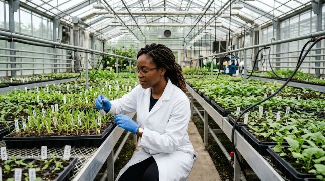 A female scientist in a white coat examines green seedlings inside a large modern agricultural greenhouse.