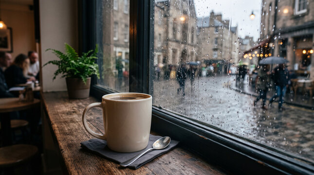 A warm cup of coffee on a wooden table inside a cozy cafe looking out at a rainy city street.