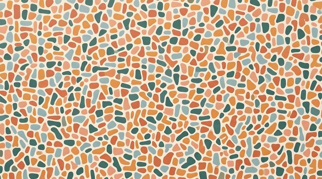Dense colorful pebble pattern with numerous small irregular shapes in coral, teal, orange, green, and cream tones for a lively seamless texture.