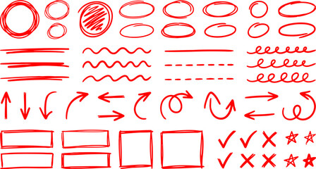 Obraz premium Hand drawn red marker arrows, circles, underlines, and checkmarks for annotation and design, isolated on white background.
