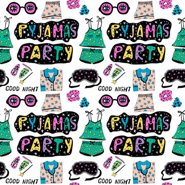 Playful seamless pajama party pattern with colorful sleepover elements, perfect for girls&rsquo; textiles, party decor, and cheerful digital backgrounds. Hand drawn illustration