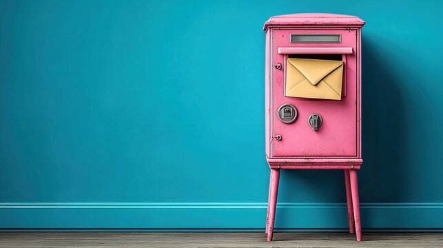 Pink Mailbox with Yellow Envelope on Blue Wall.