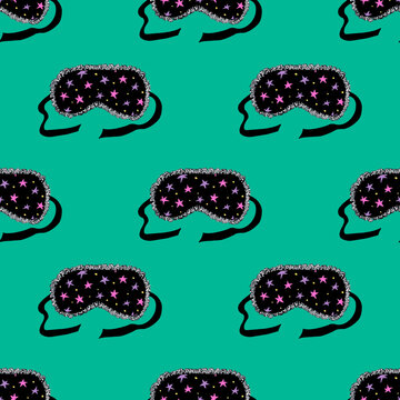 Seamless girly sleep mask pattern with star details on teal background, perfect for teen textiles, sleepover decor, and playful digital designs. Hand drawn illustration