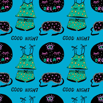 Seamless girly pajama party pattern with sleep masks, stars, and dream lettering on bright blue background, perfect for teen textiles, cheerful decor, playful digital print. Hand drawn illustration