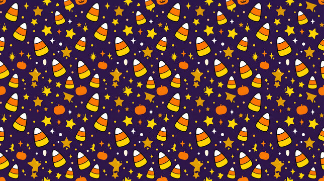 Seamless Halloween pattern with candy corn, pumpkins and stars on dark purple background