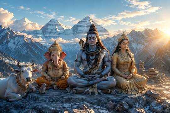 Lord Ganesha with Lord Shiva and Maa Parvati &ndash; Auspicious Ganesh Chaturthi, Gauri Ganpati and Maha Shivratri Festival Celebration