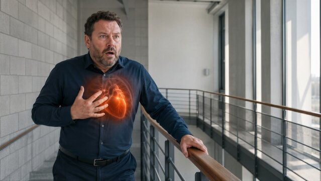 Man suffering heart attack holding chest with glowing heart visualization. Adult male experiencing chest pain and cardiovascular problem. Health emergency, medical care and cardiology concept.