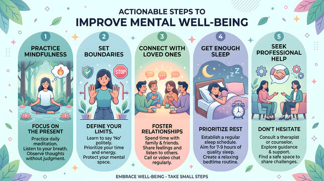 Mental well-being infographic outlines five actionable steps including mindfulness and sleep to improve psychological health.