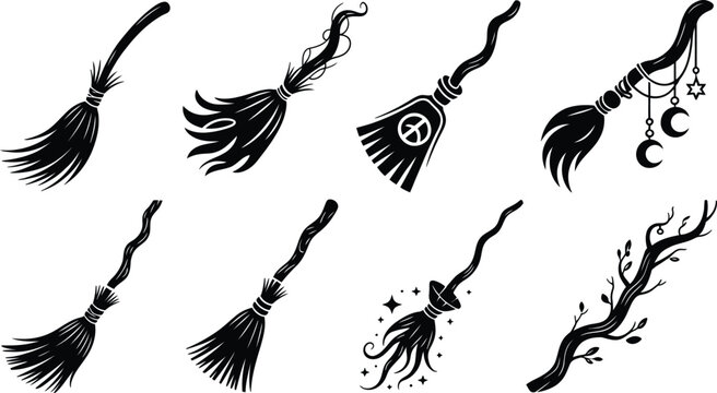 witch broom silhouettes, magic flying besoms and Halloween design