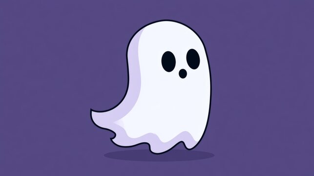 cute halloween ghost character vector illustration in minimal flat style, spooky cartoon ghost isolated on solid purple background, playful scary halloween decoration for seasonal celebrations, party 