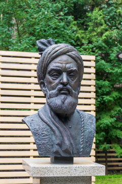 Bronze bust of the famous Persian poet Ferdowsi in the courtyard of Foreign Literature Library in Moscow, Russia