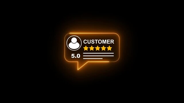 Neon customer review five star rating animation on black background, five stars feedback