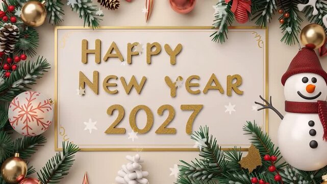 A 3D snowman waves cheerfully as the message &ldquo;Happy New Year  2027&rdquo; appears, creating a festive and joyful celebration video.