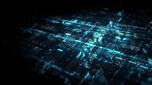 Futuristic data network visualization with glowing digital streams, big data analytics interface, cyber technology background and communication system in curved virtual display