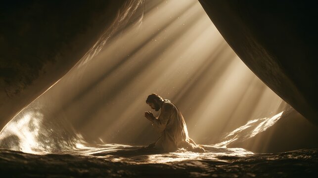 A kneeling man in traditional garb praying under dramatic sunbeams streaming into a dark cave
