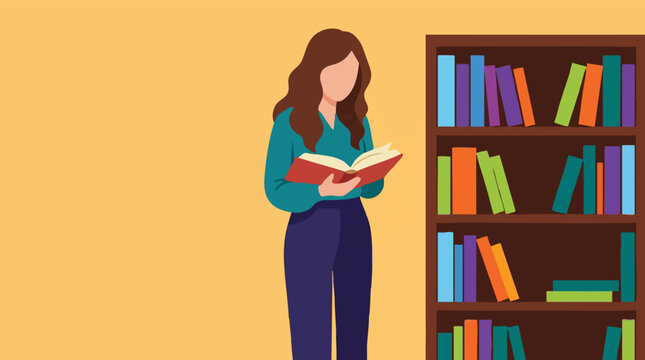 Woman reading a book by a colorful bookshelf, flat illustration