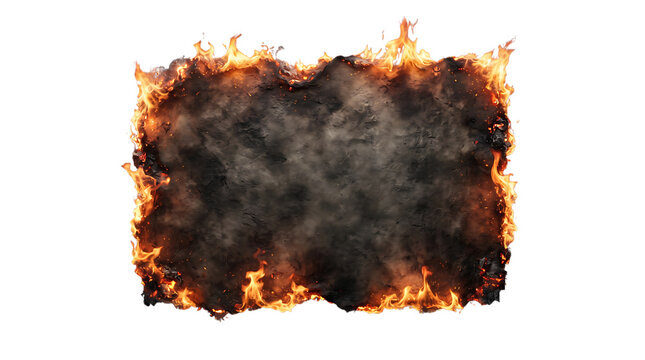 Rectangular frame of fire burning around a dark textured center isolated on a black background