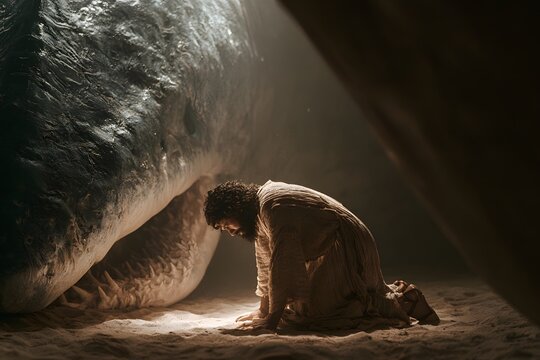 Depiction of biblical prophet jonah inside the belly of a giant whale, kneeling in prayer