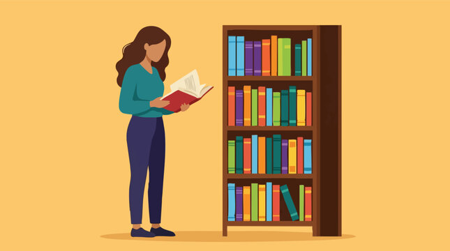 Young woman standing and reading a book by a colorful bookshelf