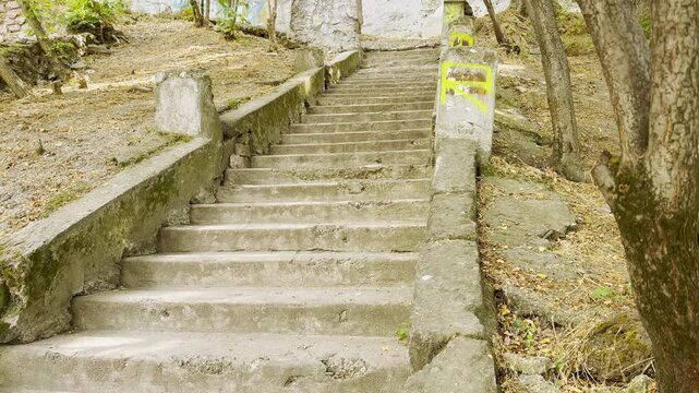 An old stone staircase leads upward through a shaded park in Simferopol, Crimea. Weathered steps inspire a quiet sense of nostalgic melancholy and peaceful solitude.