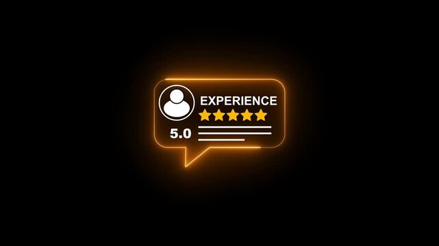 Neon 5-star customer experience rating animation, glowing speech bubble ui for business feedback and service reviews