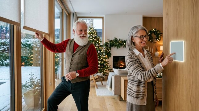 Smart Home Holidays: A senior couple enjoys the warmth and comfort of their modern home during the holiday season, interacting with a smart home interface while snowflakes gently fall outside.