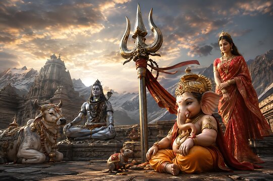 Blessed Ganpati Bappa with Shiva and Parvati &ndash; Ganesh Chaturthi, Gauri Ganpati, Sankashti Chaturthi and Maha Shivratri Spiritual Celebration