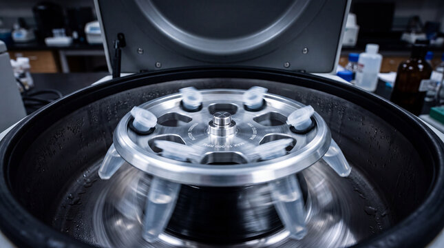sample tubes spinning inside an open laboratory centrifuge rotor
