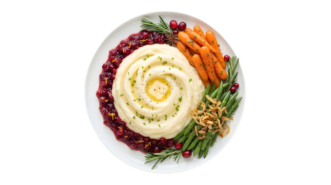 Top view of a festive holiday dinner plate with mashed potatoes, cranberry sauce, roasted carrots, green beans, and fried onions isolated on transparent background