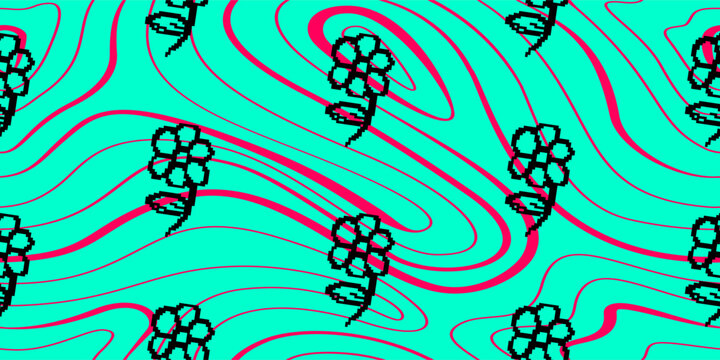 Aesthetic pixel flower pattern y2k. Pixel Art Pattern for wrapping paper. y2k pixel flower background.