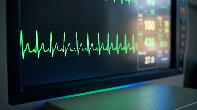 patient monitor screen displaying an abstract ECG waveform tracing steadily from left to right, green line on a dark interface, blurred illegible numeric readouts beside it