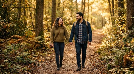 Fototapeta premium Couple's Autumn Stroll: A happy couple walks hand-in-hand down a path covered in autumn leaves, surrounded by the warm hues of a forest in fall.