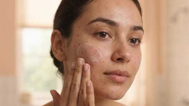 Close up of a young woman gently applying facial cream to acne prone skin with visible blemishes and natural texture during a simple self care skincare routine at home