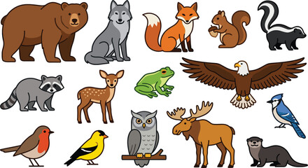Naklejka premium Forest animals vector cartoon character set featuring wild woodland wildlife including bear wolf fox eagle owl deer raccoon moose and birds