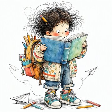 Wide-Eyed Doodle Kid Reading An Oversized Storybook