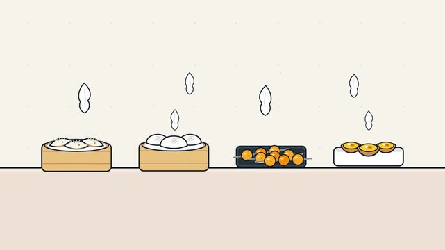 Steaming Hot Dim Sum Dishes Animated on a Clean Kitchen Surface