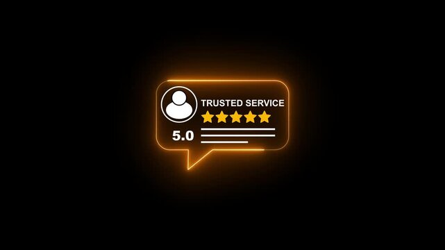 Glowing neon trusted service 5-star rating notification bubble animation for customer feedback and business reputation marketing