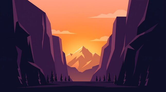 Flat vector mountain valley landscape illustration at sunrise