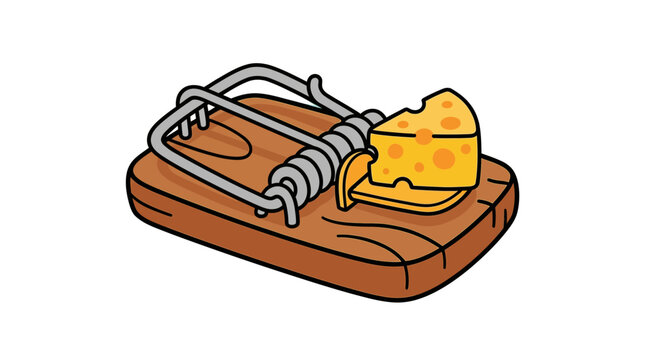 Vector illustration of a classic wooden mouse trap set with a tempting piece of yellow cheese bait, perfect for themes of risk, strategy, or pest management