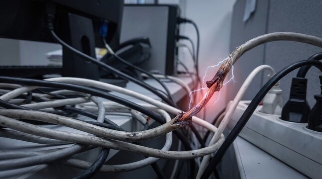 damaged frayed electrical power cable with a short circuit and electric sparks near a power strip on an office desk.